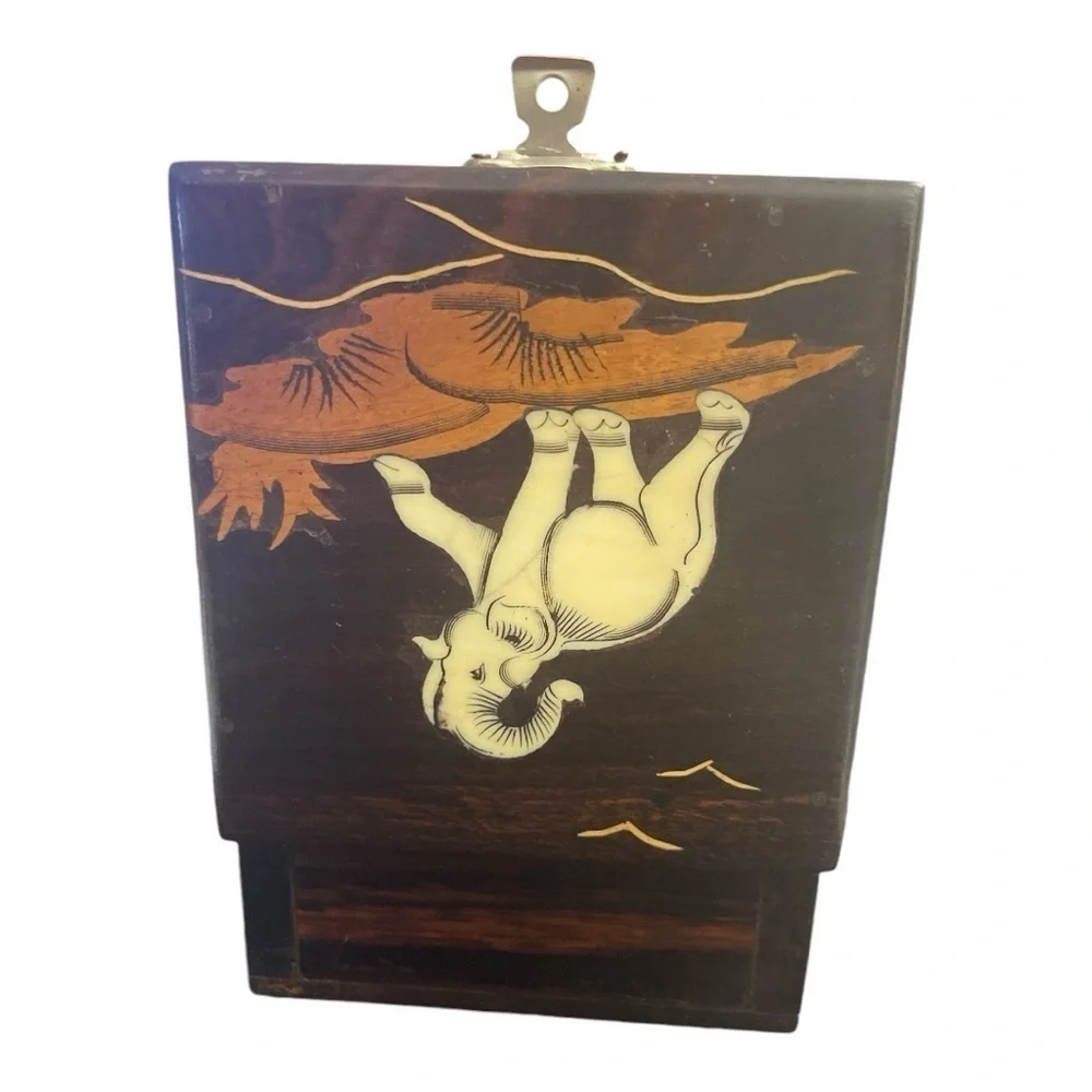 VTG Black Rosewood Inlay Elephant In Jungle Desert Square Fitted Jewelry Box